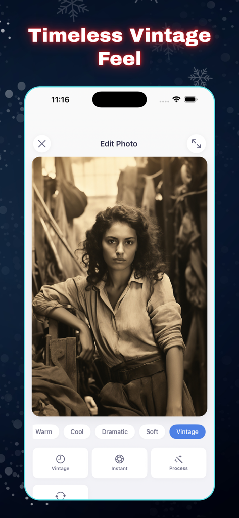 PhotoRoom+ - Screenshot of the PhotoRoom plus app interface showing a vintage filter applied to a portrait photo