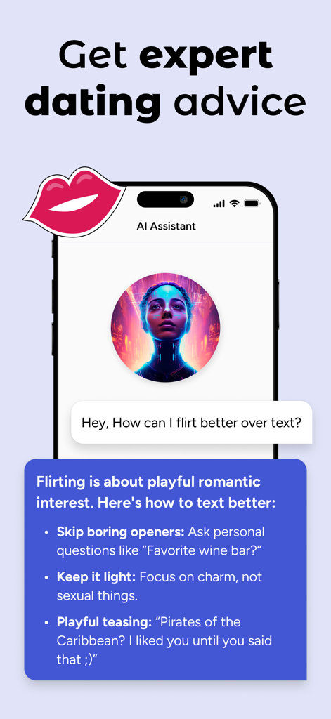 Tizz: Ai Rizz App Pickup Lines - Tela do aplicativo Tizz mostrando um assistente de IA dando dicas sobre como flertar melhor por texto.