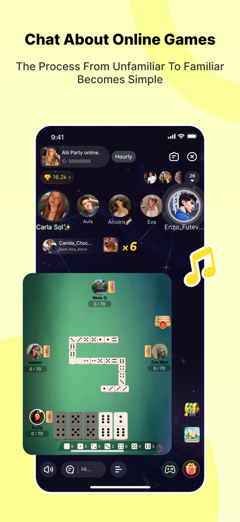 Screenshot of Alii app showing a social party room where users play dominoes and chat together.