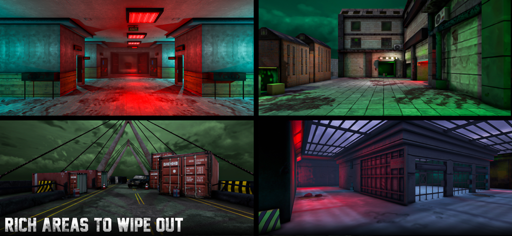 Zombie Shooting Survival Game - Cuatro entornos de juego 3D estilizados diferentes en un juego de supervivencia de disparos de zombies