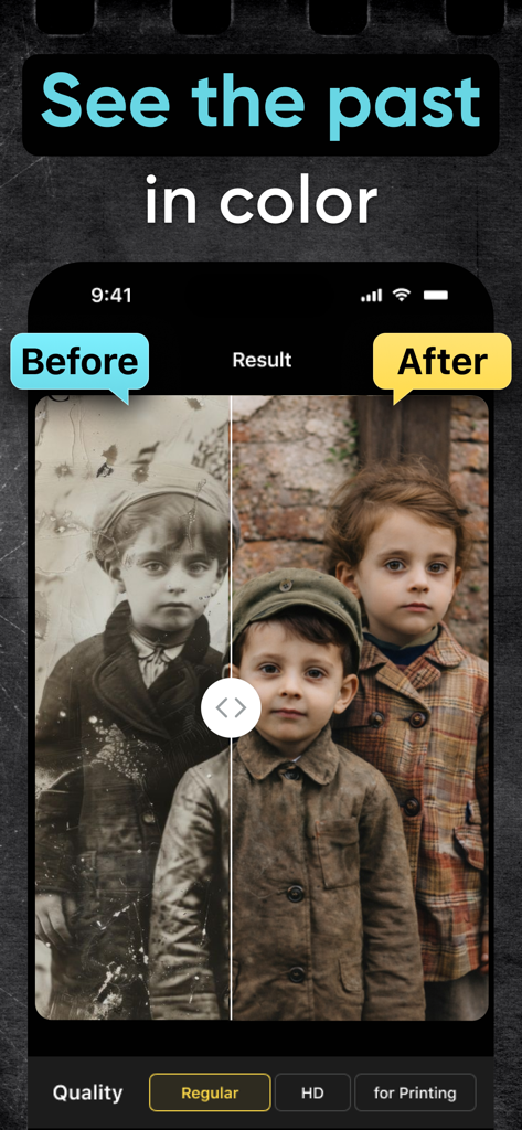 Yore: AI Restore Old Photos - Before and after comparison of a vintage photo restored and colorized with Yore AI app