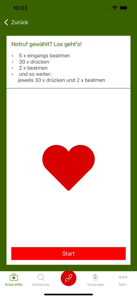 Kindernotfall-App - Tela de instrução de RCP em crianças mostrando etapas para respirações e compressões torácicas com um ícone de coração e botão iniciar