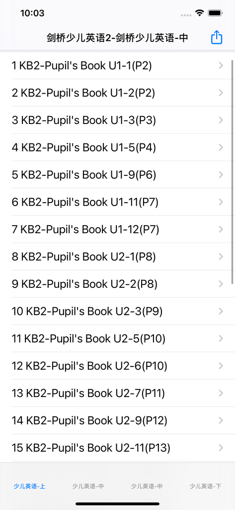 A menu showing a list of units and pages from the Cambridge Young Learners English Level 2 Pupil's Book.