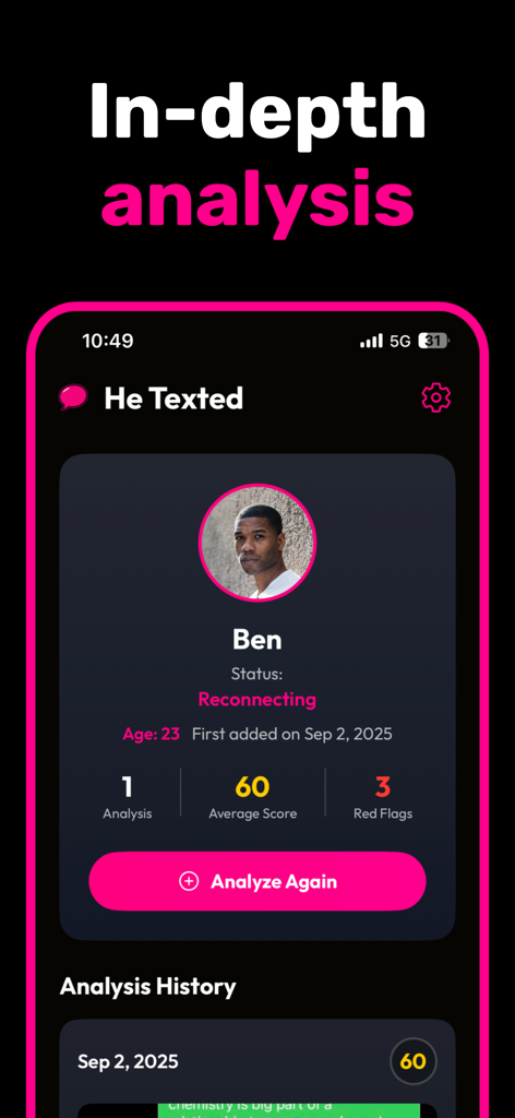 In-depth dating analysis screen in the He Texted app showing metrics for Ben's profile including red flags and average score