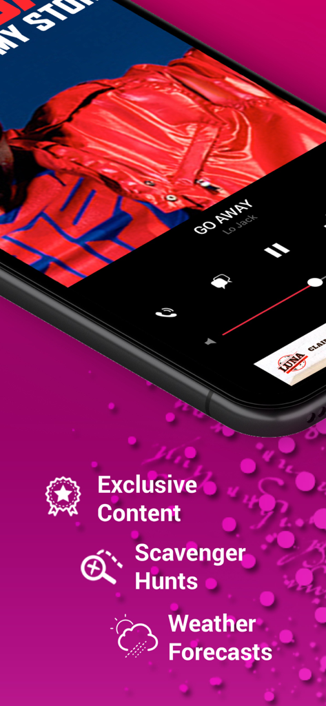 Interface de l'application 103.1 Kiss FM présentant des chasses au trésor exclusives et des prévisions météorologiques