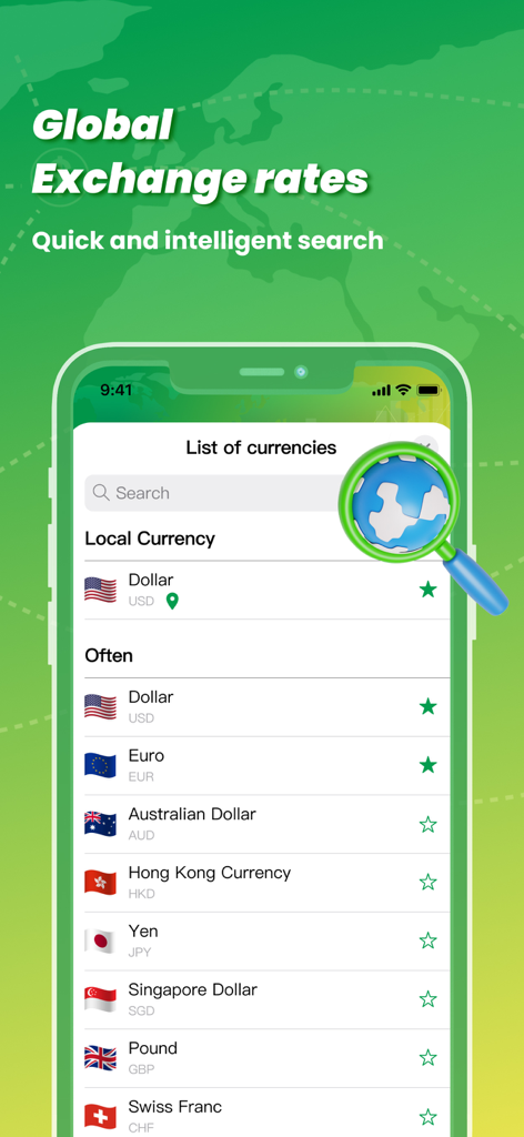 Currency converter calculator+ - List of global currencies in the currency converter calculator app interface