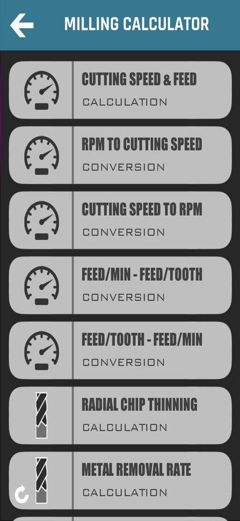 CNC Machinist Calculator Pro - Interface of the milling calculator menu showing options for cutting speed, feed, and metal removal rate calculations