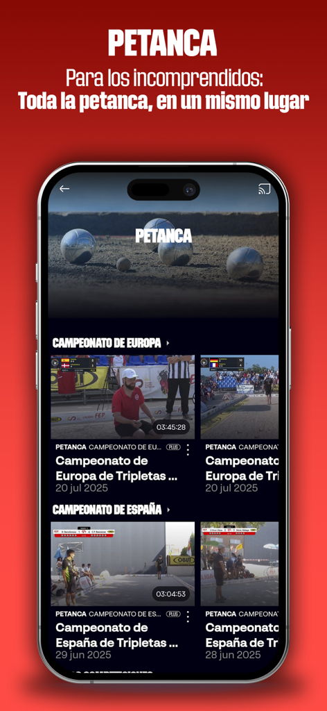 LALIGA+ Live Sports - LALIGA plus mobile app showing live petanque championships and matches