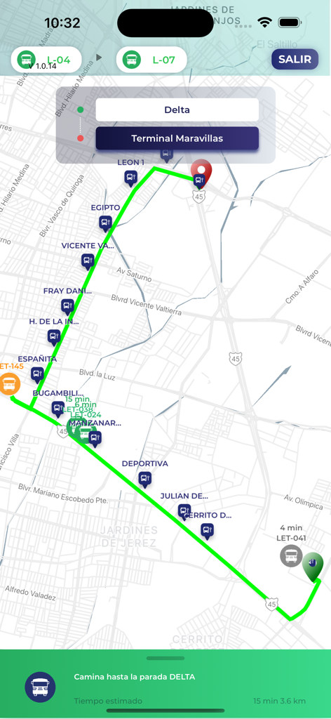 Mapa de ruta de autobús en tiempo real para el transporte público OptiBus León