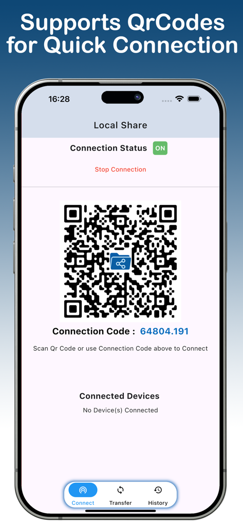 LocalShare:FileShare AnyDevice - Interfaz de la aplicación LocalShare que muestra un código QR y un código de conexión para emparejar dispositivos rápidamente