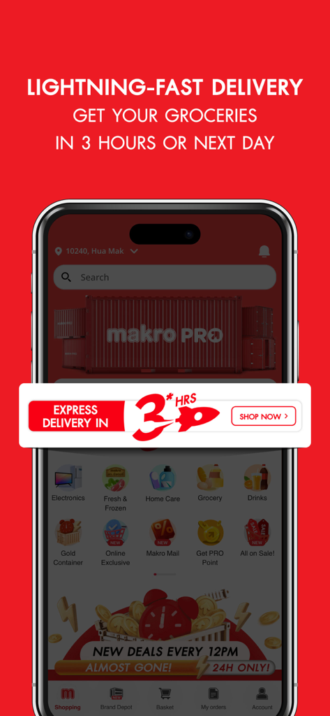 Makro PRO - Interfaz de la aplicación Makro PRO destacando la entrega rápida y las compras de comestibles al por mayor