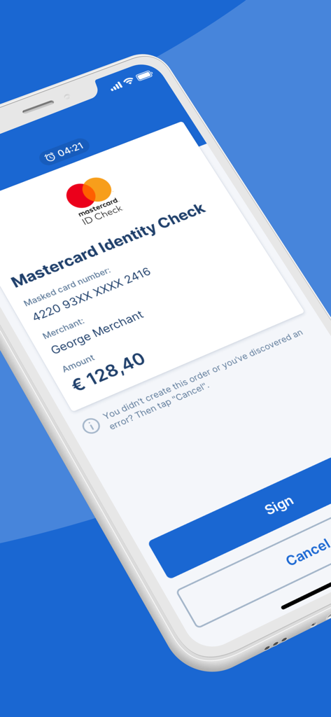 Pantalla Mastercard Identity Check en un teléfono móvil que muestra una transacción por 128,40 euros con opciones para firmar o cancelar
