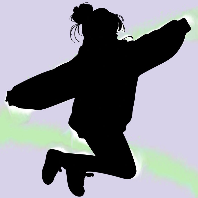 realistic girl jumping with a bun and oversized sweatshirt