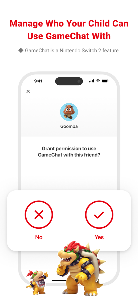 Interface for managing GameChat friend permissions in the Nintendo Switch Parental Controls app
