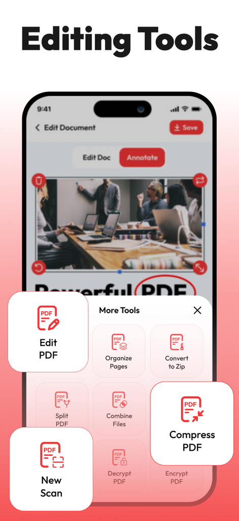 PDF Editor, Edit PDF Documents - Interfaz móvil de un editor de PDF mostrando un menú de herramientas de gestión de documentos como comprimir y editar