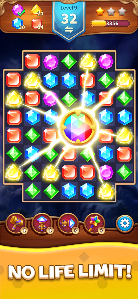Jewels Adventure Match Blast - Colorful match 3 puzzle board from Jewels Adventure showing various gemstones and a no life limit banner.