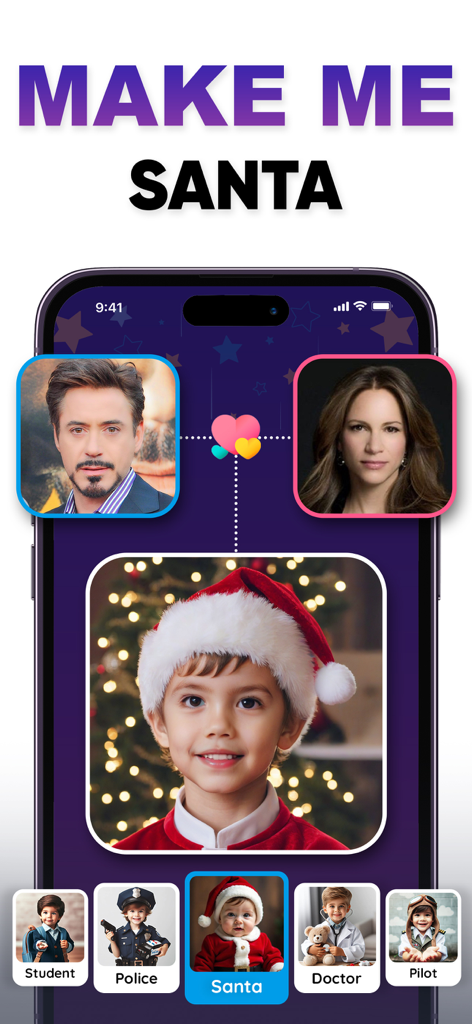 Interfaz de la app AI Baby Maker que muestra el rostro de un futuro bebé generado con un disfraz de Papá Noel.