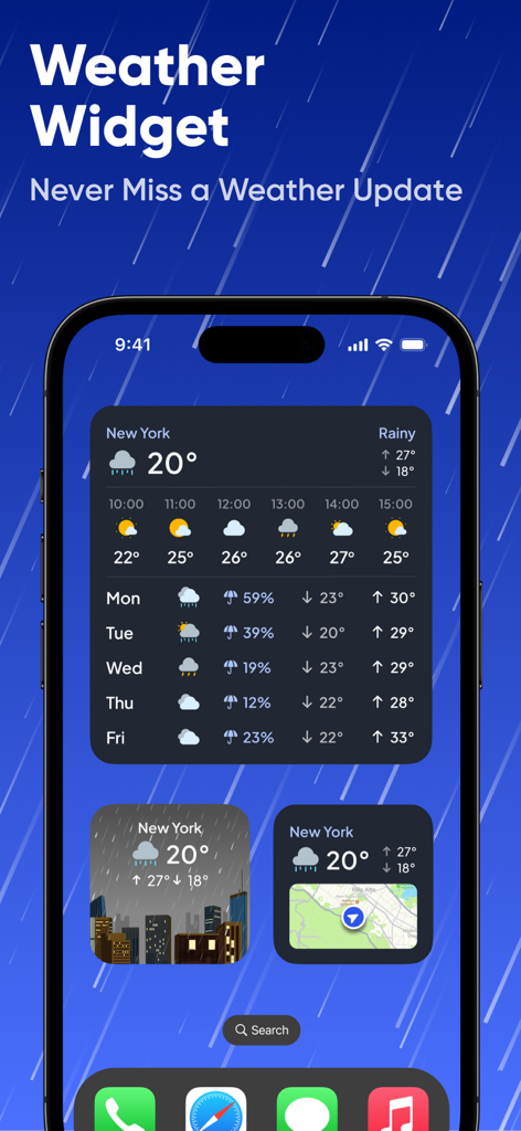 NOAA: Weather Radar & Forecast - Pantalla de inicio del iPhone mostrando tres widgets meteorológicos diferentes con pronósticos y mapas