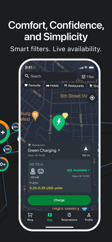 GO TO-U: EV Charging App - リアルタイムの空き情報と共に地図上にEV充電ステーションを表示するGO TO-Uアプリのインターフェース