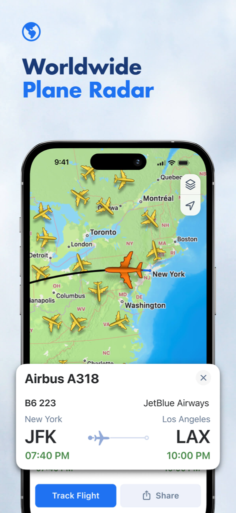 Flight Tracker + - Tela de smartphone mostrando um mapa de radar de aviões mundial com rastreamento de voos ao vivo e detalhes de voo