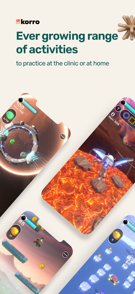 Korro - Collage d'écrans d'ergothérapie gamifiée de l'application Korro montrant des activités pour enfants sur le thème de l'espace et de l'aventure.