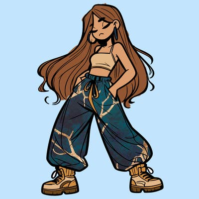 girl in baggy pants crop top and long hair