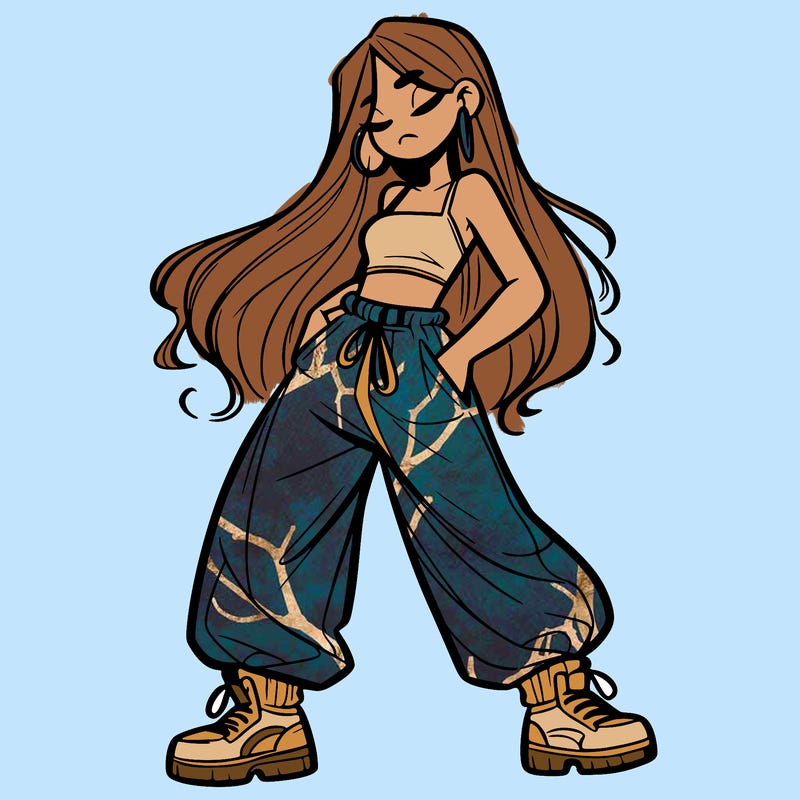 girl in baggy pants crop top and long hair