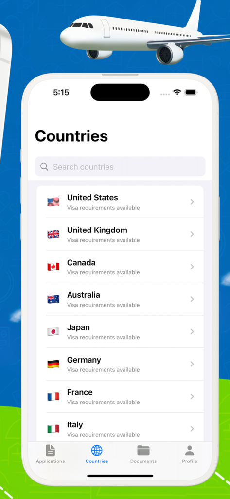 A mobile screen showing a list of countries with flags and visa requirements status in the VisaFlow app