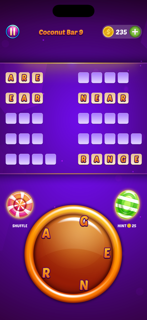 Gameplay interface of Word Candy showing a word search puzzle with a letter wheel and candy-themed buttons.