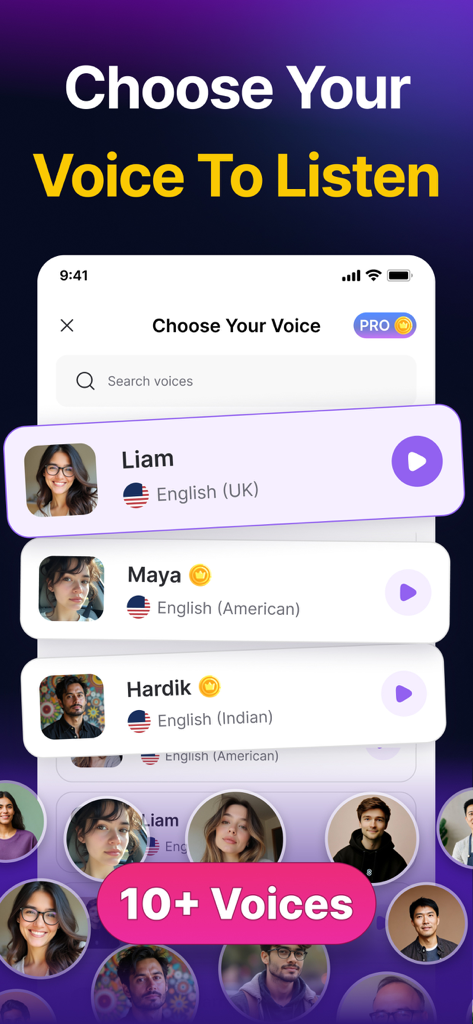 Text to Speech - Audio Books - Interface of the app showing various natural AI voice options with different English accents for audio book listening