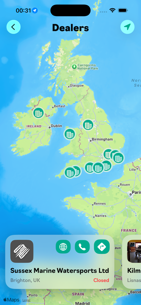 Sea-Doo UK - Sea-Doo UK app dealer locator map showing authorized service locations across the United Kingdom and Ireland