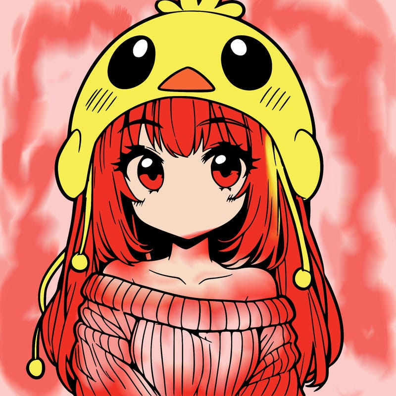 anime girl with chick shaped hat with sweater with bare shoulders with bangs covering them one eye with low tail