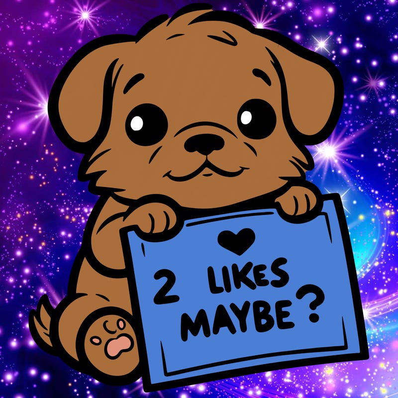 a puppy holding a sign that says 2 likes maybe?