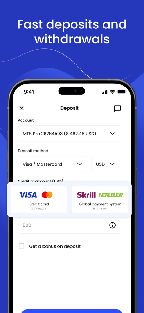 Mobile interface of the JustMarkets app showing fast deposit and withdrawal options using Visa Mastercard and Skrill