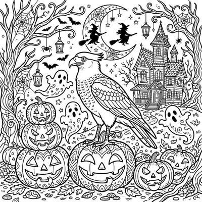 Dive into a thrilling Halloween scene featuring a majestic Caracara amidst grinning jack-o'-lanterns and a haunted mansion. This richly detailed coloring page offers hours of spooky fun for all ages.