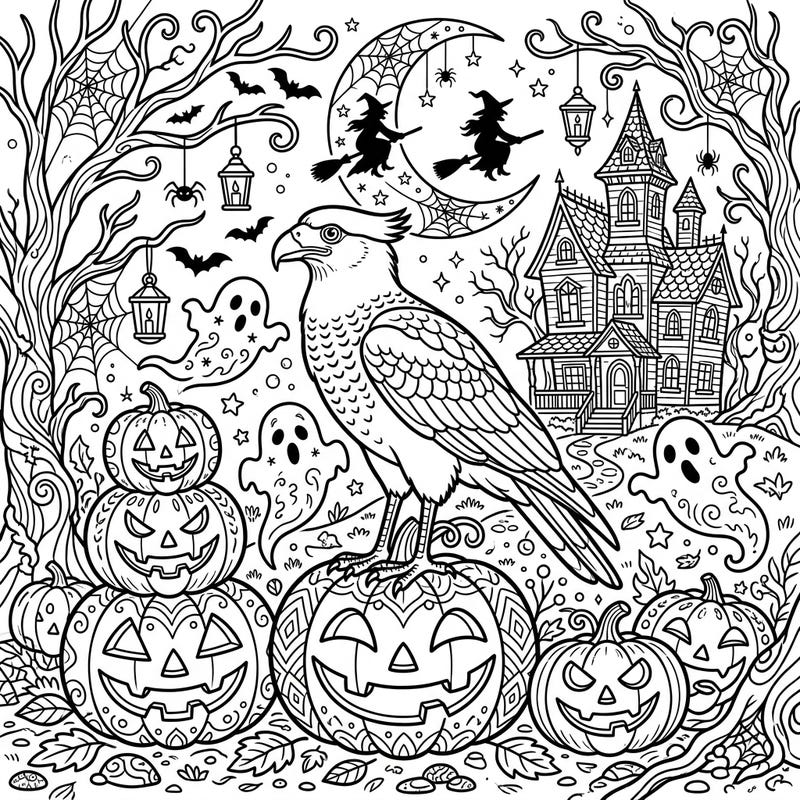Dive into a thrilling Halloween scene featuring a majestic Caracara amidst grinning jack-o'-lanterns and a haunted mansion. This richly detailed coloring page offers hours of spooky fun for all ages.