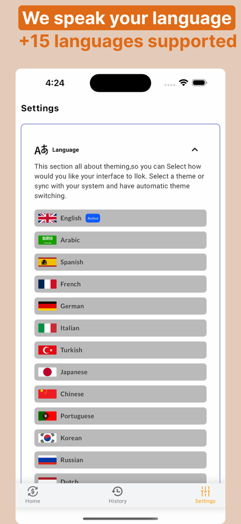FlipRate App-Einstellungen zeigen eine Liste unterstützter internationaler Sprachen mit Flaggen an