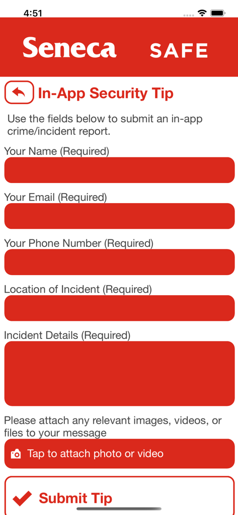 In-app security tip form on the Seneca Safe app for reporting incidents and crimes
