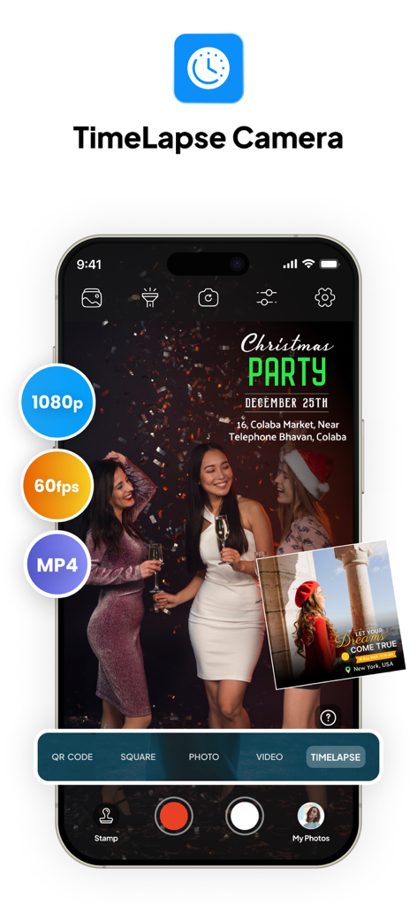 Tagofy app interface showing timelapse camera mode with 1080p and 60fps settings