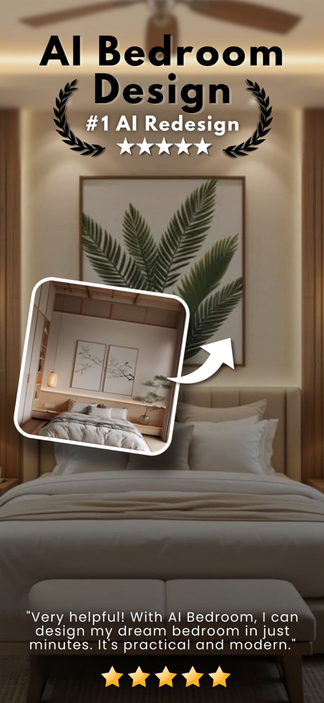 Bedroom AI Decor : Room design - AI bedroom design app interface showing room transformation and a five star user review