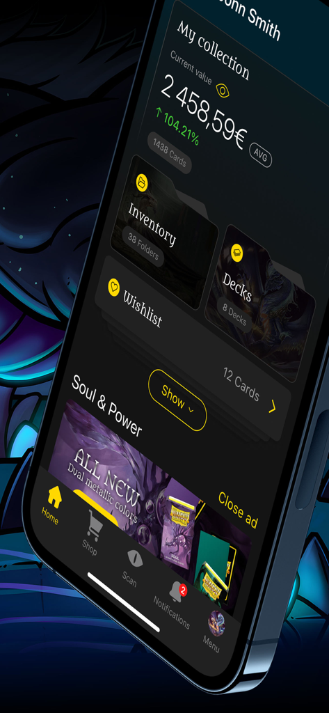 YGO Scanner - Dragon Shield - YGO Scanner app dashboard showing total collection value and inventory folders
