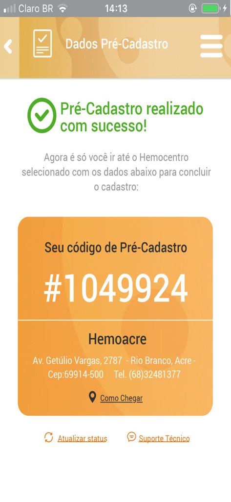 Successful pre-registration screen for REDOME bone marrow donor registry showing a confirmation code and center location.