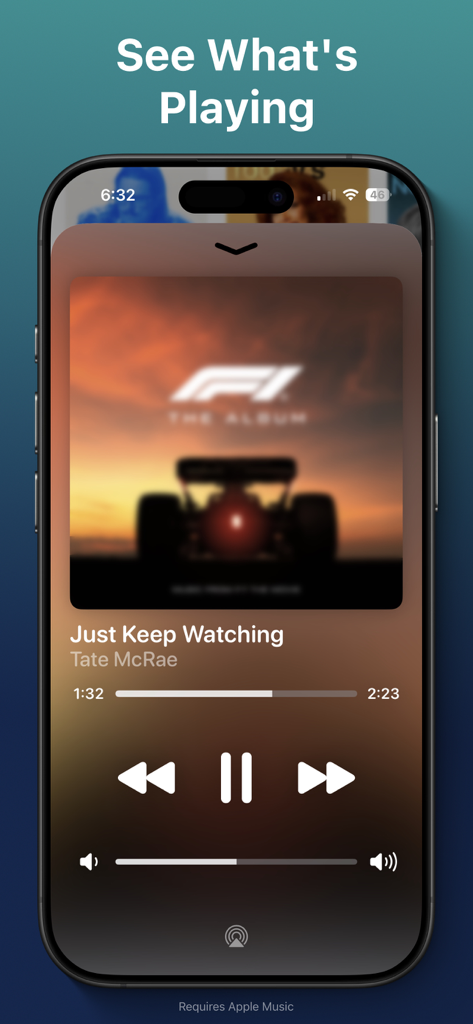 QuickPod - Music Widgets - A screenshot of the QuickPod app displaying a music player interface with a song by Tate McRae on an iPhone screen