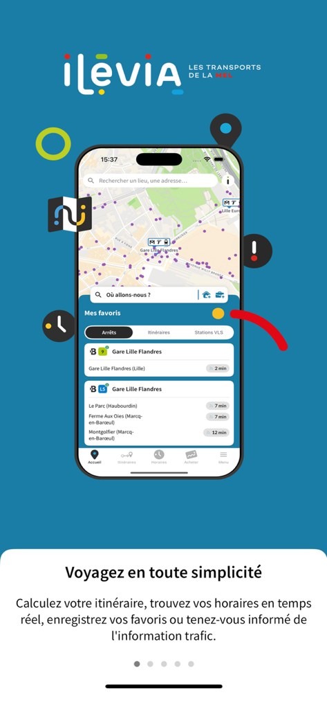ilévia - Interface of the ilevia mobile app displaying a map of Lille and real-time transit schedule favorites