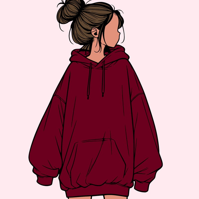 realistic girl with a oversized sweatshirt on and a bun