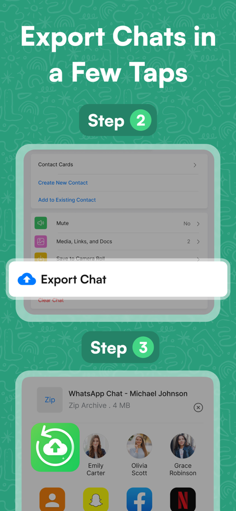 Whats Web Dual Messenger App - A mobile app screen showing a two-step process to export a WhatsApp chat as a zip archive