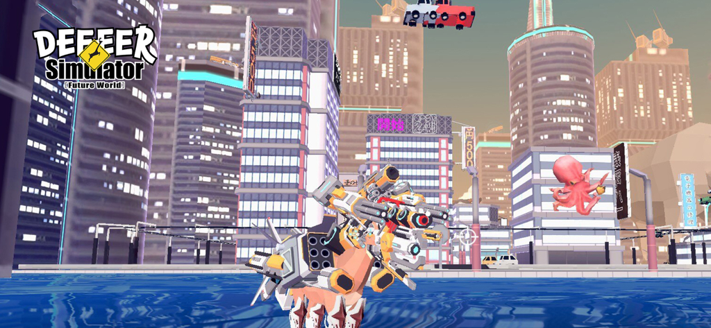DEEEER Simulator: Future World - Ein Roboter-Hirsch mit schweren Waffen in einem futuristischen Stadthafen
