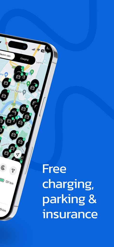 Smartphone screen showing the SPARK car sharing map with available electric vehicles and text highlighting free charging parking and insurance.