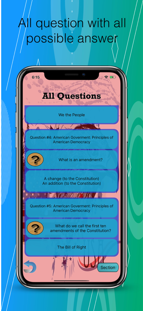 USA Citizenship Test 2026 - 米国市民権テストの市民権に関する質問と回答を表示するモバイルアプリ画面。