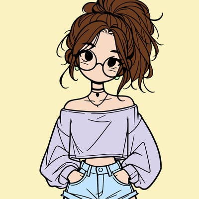 girl with a messy ponytail glasses a baggy crop top and jean shorts
